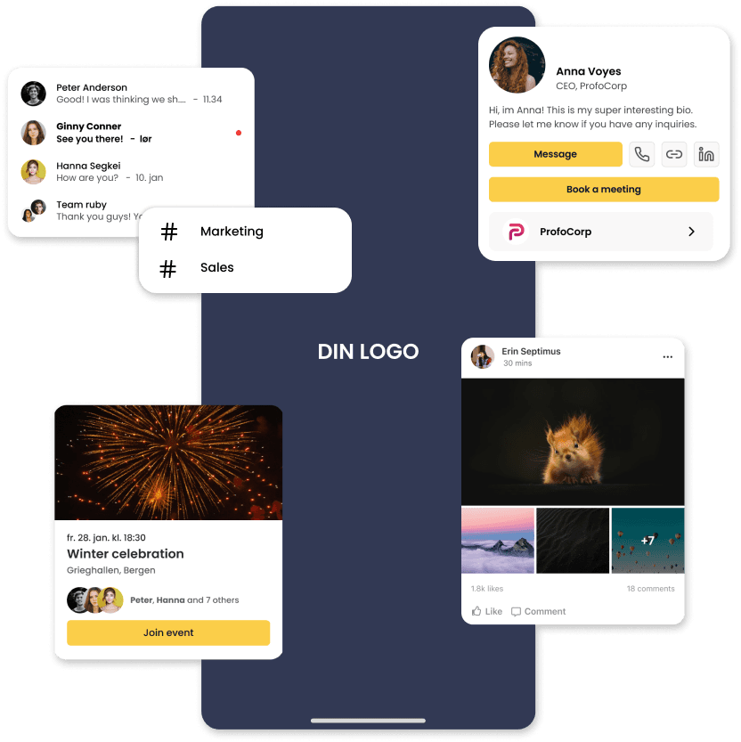 LinkUp-appen med egen logo, brukerprofil, kanaler, et arrangement og et innlegg på nyhetsveggen
