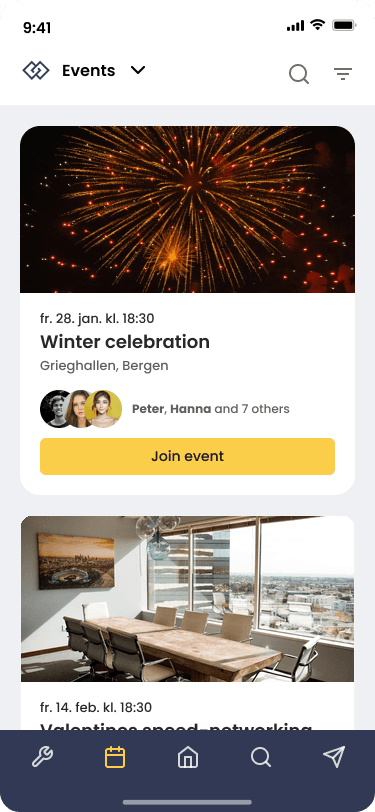 Arrangementsoversikt i LinkUp-appen