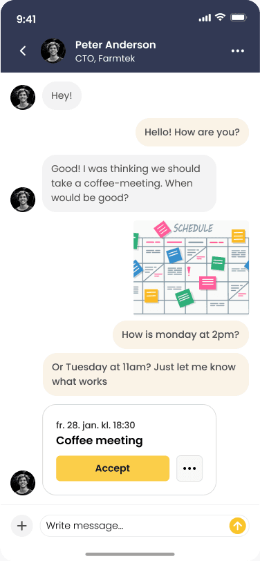 Møtebooking i en samtale i LinkUp-appen