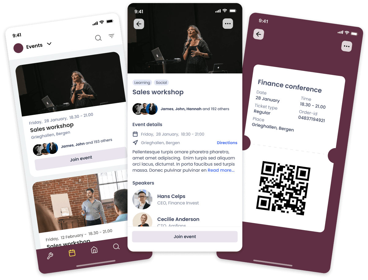 Arrangement med billett og QR-kode i LinkUp-appen