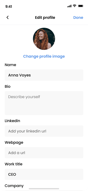Redigering av egen profil i LinkUp-appen